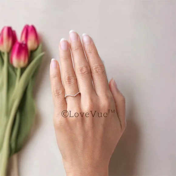 1mm Diamond Brilliant Cut Dainty Chevron Wedding Engagement Gold Band Ring - Picture 6 of 17